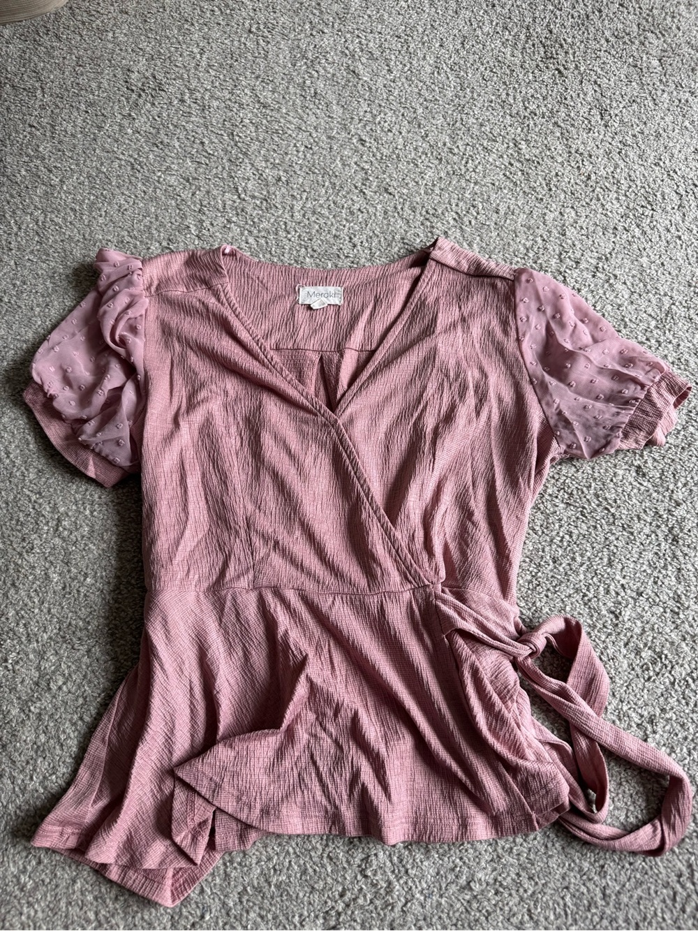 meraki Rose Pink Wrap Blouse with Puff Dot Sleeves